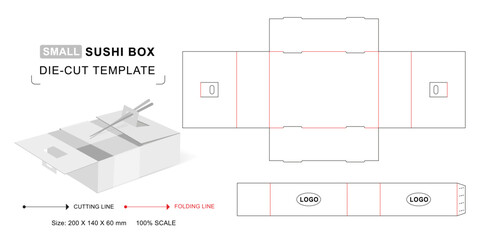 Sushi box die cut template with 3D blank vector mockup for food packaging