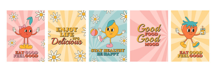Fototapeta na wymiar Groovy summer card, poster set with summer fruits and sayings. Strawberry, cherry, lemon. Cartoon characters in trendy retro style, comic mascot characters.