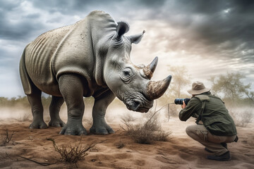Fototapeta premium rhino in the wild and A wildlife photographer generative AI 