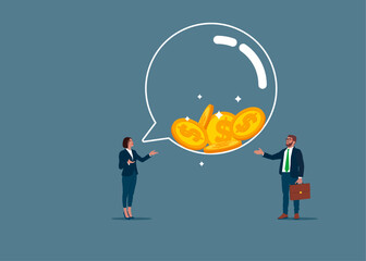Couple talk or have lively discussion. Productive dialogue or conversation between man and woman. Speech bubble filled with metal dollar coins. Money talks. Flat vector illustration