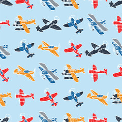 Vector seamless pattern with aircraft. Kids background with planes. Funny airplanes