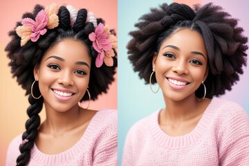 Best female friends with flowers in hairs make positive photo for memory. Posing of two young afro women in similar pink sweaters against a pink background. Friendship concept. Generative AI