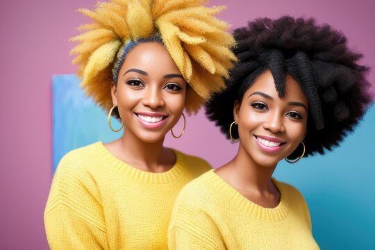 Best female friends make the best profile pics. Prepare for Studio shot of two young afro women in similar yellow sweaters against a pink and blue background. Generative AI