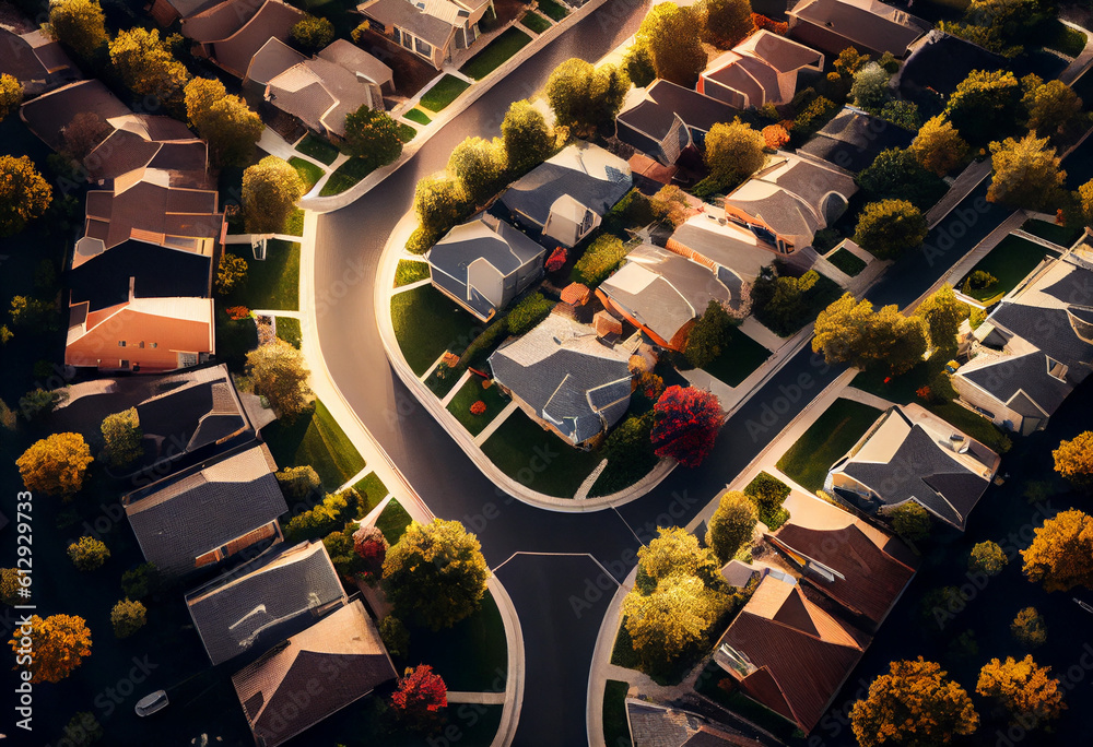 Wall mural drone aerial view over suburban houses in a residential blocks. ai generative illustration.