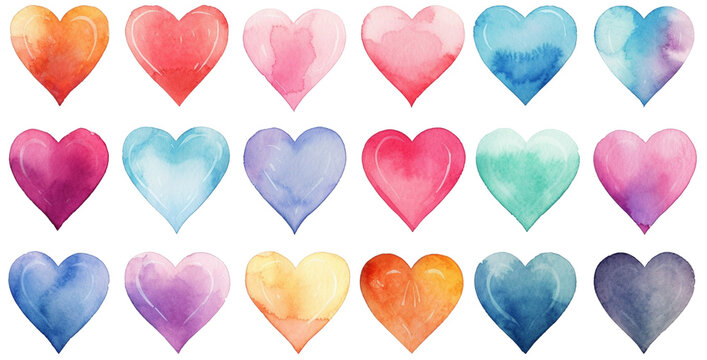 Seamless watercolor header with pastel pink blue orange green and red hearts on white background. Valentine's day border.
