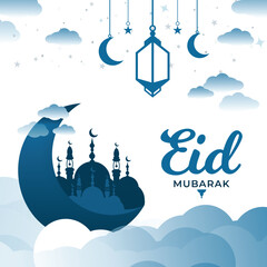 Eid mubarak design with crescent moon and mosque vector