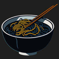 Asian Savoury Soup with Noodles, spaghetti, and Cheese in Bowl with Chopsticks. Vector, Illustration