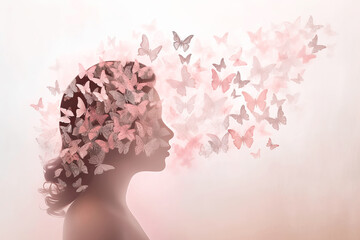 Delicate female profile and butterflies. Natural beauty, mental health and creativity. Generative AI illustration