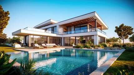 luxurious modern house with a rectangular swimming pool in the yard on a summer sunny day - obrazy, fototapety, plakaty