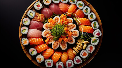 Obraz na płótnie Canvas Sushi menu. Roll with salmon, avocado, cucumber. Japanese food. Created with Generative AI