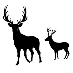 Hand drawn reindeer silhouette with calve. no background, transparent background, Vector illustration. realistic