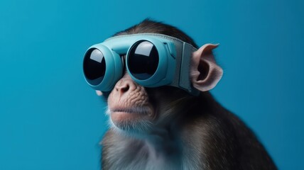 Fototapeta premium Funny monkey wearing vr in front of blue studio background. Generative AI