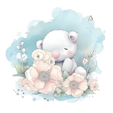 stiker osito beb?, en una nube, con flores con un biberon, dubujo, fantasia 4k © 245vfe