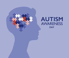 Autism awareness day illustration. Human head profile with heart shaped jigsaw puzzle symbol.