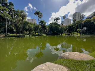 City and nature reflected in the lake in Parque de Icarai, Niteroi, Rio de Janeiro, Brazil. © Isbel Dias