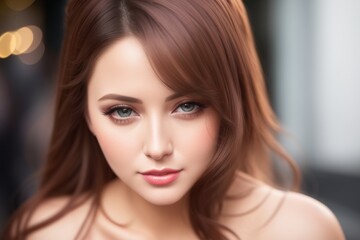 Fototapeta premium Portrait of glamorous urban woman wearing short cocktail dress. Attractive young lady in elegant outfit walking in old town street. Pretty long brown hairs woman in long cocktail dress. Generative AI