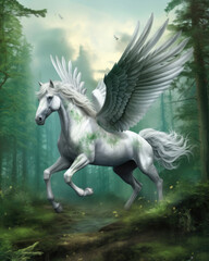 Naklejka na ściany i meble A majestic grey pegasus with its wings outstretched galloping across the emerald green Fantasy art concept. AI generation