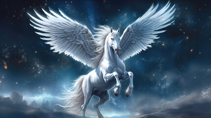 A majestic Pegasus its white wings spread wide flying across a sea of shimmering stars. Fantasy art concept. AI generation