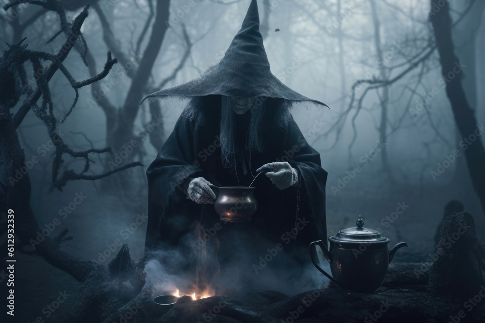 Wall mural An old witch stirring a cauldron of mysterious brew surrounded by dark and gloomy Fantasy art concept. AI generation - Wall murals