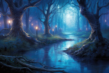 Winding rivers course through a dense forest leading the way towards a small pond. Fantasy art concept. AI generation