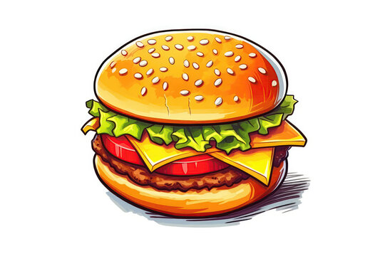 Cheeseburger Sticker On White Background. Generative AI