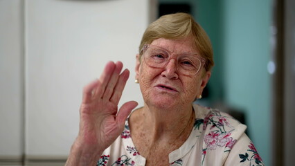 Elderly senior woman waving goodbye to camera, webcam POV concept of older person in 80s speaking with relatives with video conference