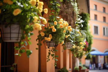 Yellow roses basket hanging on the side of a building