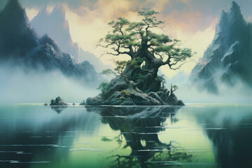 An ethereal land with majestic mountains shrouded in swirling celadon fog. Ancient Fantasy art concept. AI generation