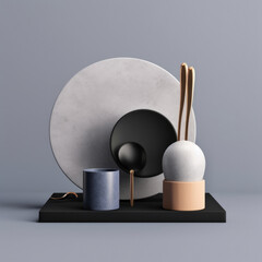 Practicality of utensils items that are multifunctional durable and easy to use. Minimalist mockup for podium display or showcase. AI generation