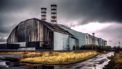 Obraz premium Nuclear power plant after sunset. Dusk landscape with big chimneys. cooling towers, power station