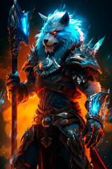 Wolf character in armor holding a spear popul. Generative AI