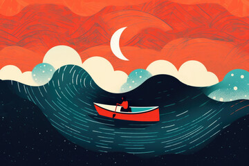 A person in a boat in a storm representing the feeling of being adrift while dealing with mental illness. Psychology art concept. AI generation