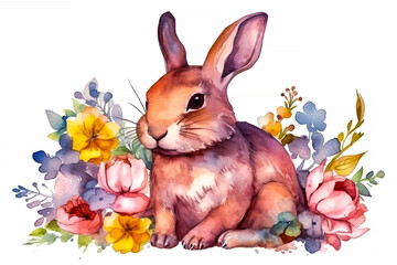 Fototapeta na wymiar artwork showcasing rabbit adorned with beautiful watercolor blooms ai Generative AI