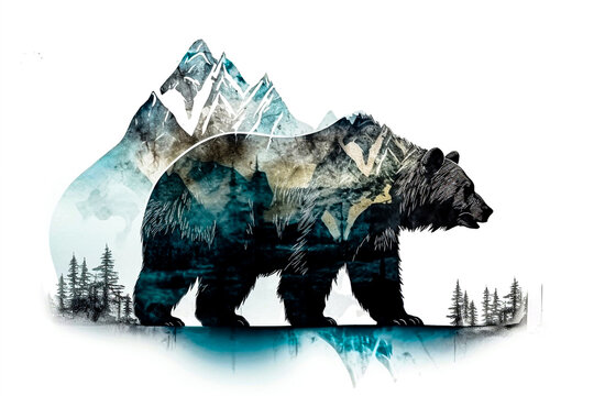 Striking artwork featuring a grizzly bear amidst majestic mountain scenery ai Generative AI