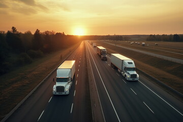A row of semi trucks at the road in the sunset  transportation and logistics industry  - Generative Ai