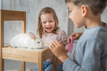 Two year old toddler girl and preschooler boy playing at home with white rabbit, early child development and unusuall bonding concept