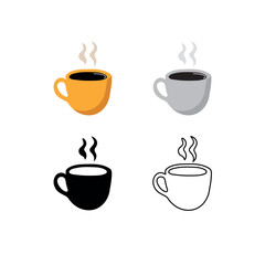 Cup of coffee icon set on white background. Colored cartoon black  monochrome outline vector illustration.
