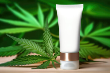 Cosmetics cannabis oil. Marijuana leaf with one cosmetic lotion tube mockup. AI generative