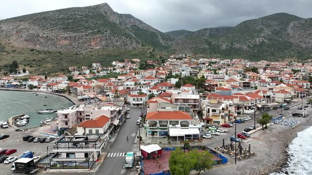 Aerial view of the medieval city of Monemvasia on rocky slopes in Laconia, east coast of Peloponnese, Greece