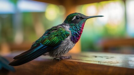 Fototapeta na wymiar a colorful bird sitting on a wooden table in a room. generative ai