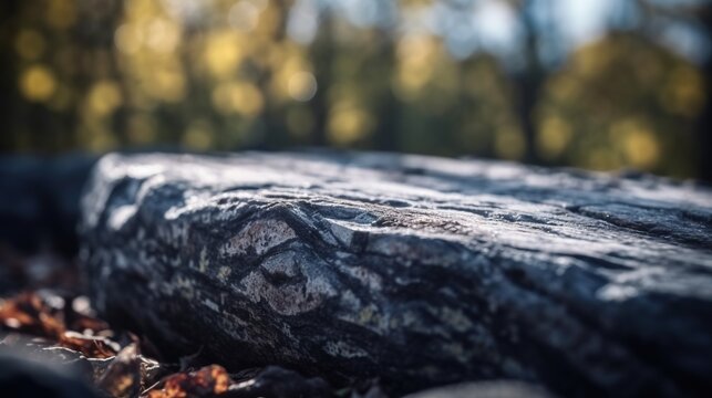  a close up of a rock with trees in the background.  generative ai