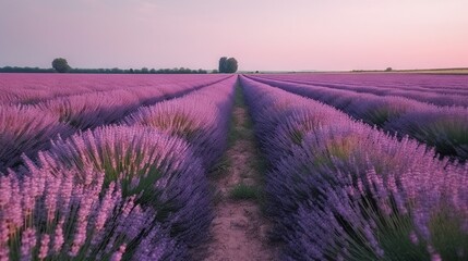 Obraz na płótnie Canvas a field of lavender flowers with a path leading to it. generative ai