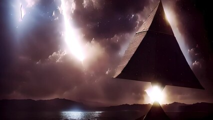 Giant triangle pyramid shape ufo close to water
Alien invasion concept sci fi cinematic view, 2023

