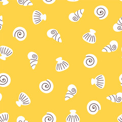 Sea shell doodle seamless pattern. Abstract white seashells on sand, simple childish print. Vector illustration isolated on yellow background
