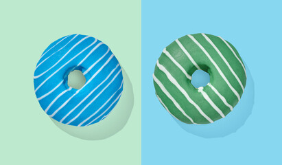 blue and green donut with glaze on blue and green pastel background