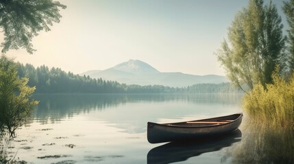 Fototapeta na wymiar a canoe is sitting on the water near the shore of a lake. generative ai