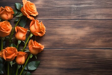 Fototapeta na wymiar Red orange roses lie on the table, a background on which you can insert the desired text