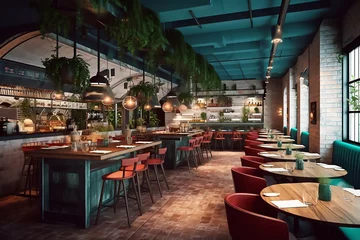 Keuken spatwand met foto Elegant green interior of restaurant with sleek furniture and flooring. © Brijesh