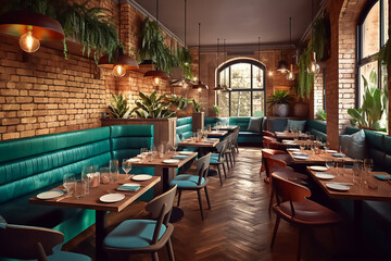 Fototapeta na wymiar Elegant green interior of restaurant with sleek furniture and flooring.