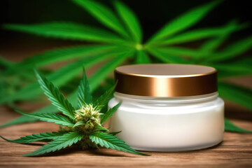 Fototapeta na wymiar Cosmetics cannabis oil. Marijuana leaf with one cosmetic cream jar. AI generative